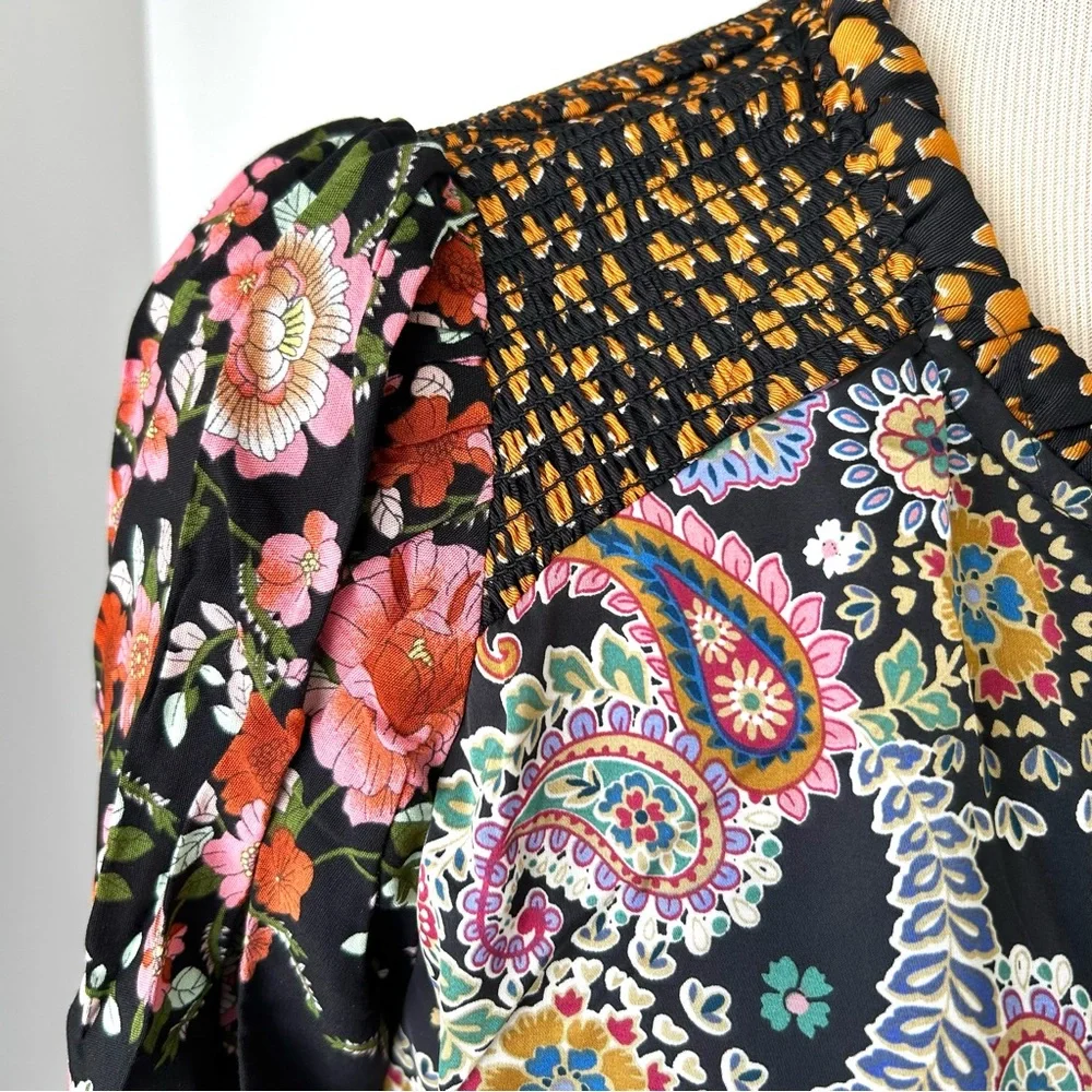 🌸Floral Paisley Boho Blouse w/Tie. Black/Rose/Gold/Blue/Multi. Medium - Picture 10 of 13